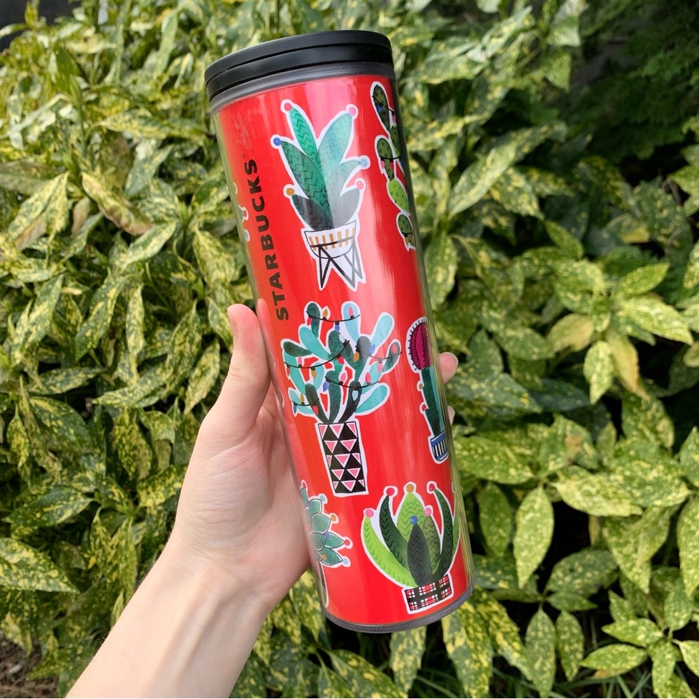 Starbucks Collectible Red Cactus Succulent Holiday/Christmas Plastic Tumbler Hot